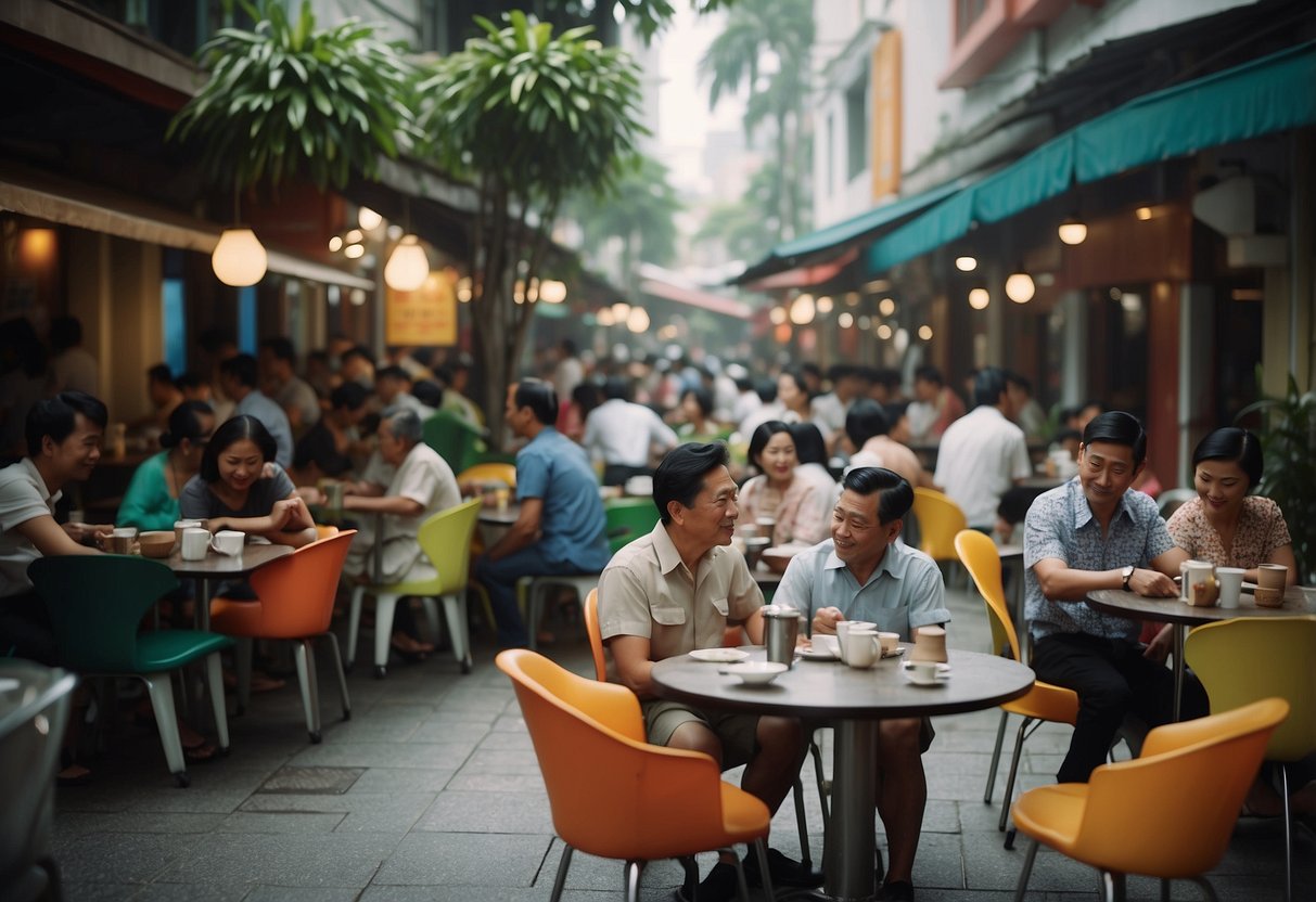 A bustling kopitiam in Singapore, with colorful plastic chairs and marble tables filled with people enjoying traditional local dishes and sipping on steaming cups of kopi