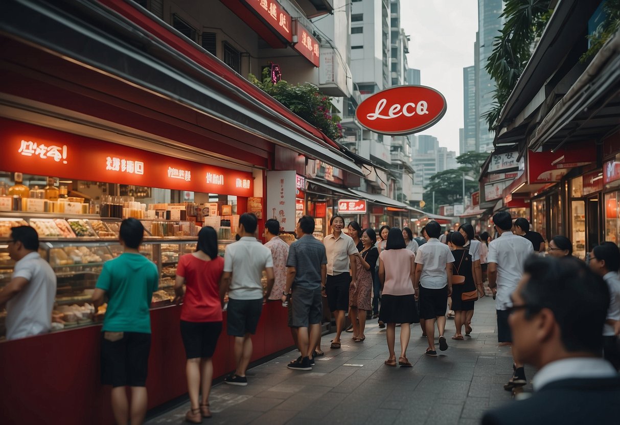A bustling street in Leica Singapore, with colorful shopfronts and people milling about. The iconic red dot logo stands out against the urban backdrop