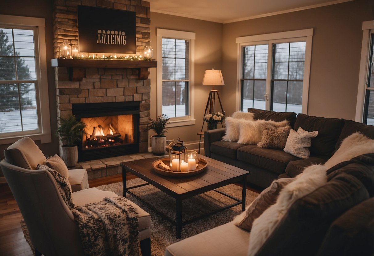 A cozy living room with warm lighting, plush furniture, and a crackling fireplace creates a welcoming atmosphere for the new homeowners