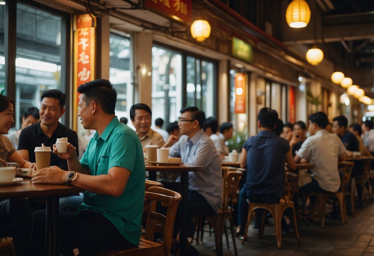 Customers sit at round tables, sipping coffee and eating traditional Singaporean dishes in a bustling kopitiam. The aroma of freshly brewed coffee fills the air as vendors serve up steaming plates of food