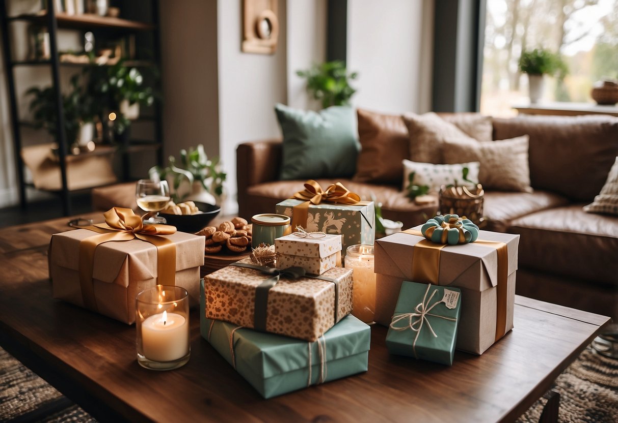 A cozy living room with a stack of beautifully wrapped gifts, a decorative housewarming sign, and a table filled with delicious snacks and drinks