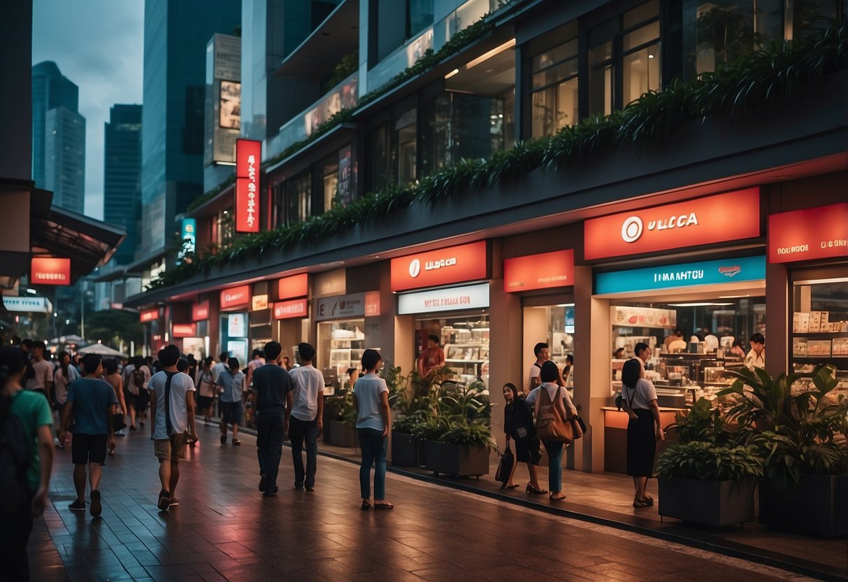 A bustling street in Singapore, with a sleek Leica store front, showcasing their latest cameras and lenses. Bright lights and vibrant colors draw in curious passersby