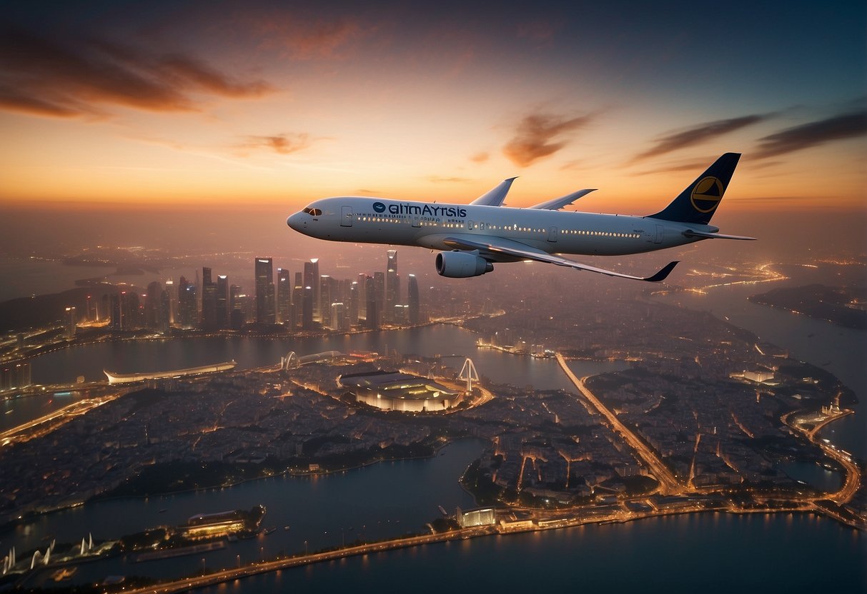 A plane flies from Germany to Singapore. The sky is clear, and the cityscape below is illuminated by the setting sun