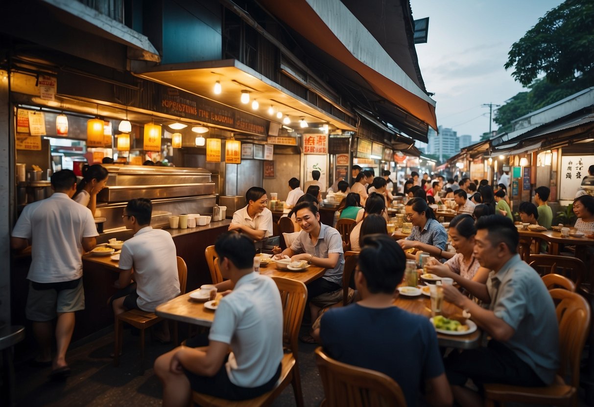 A bustling kopitiam with various food stalls, patrons enjoying kopi and kaya toast, traditional decor and hawker-style ambiance