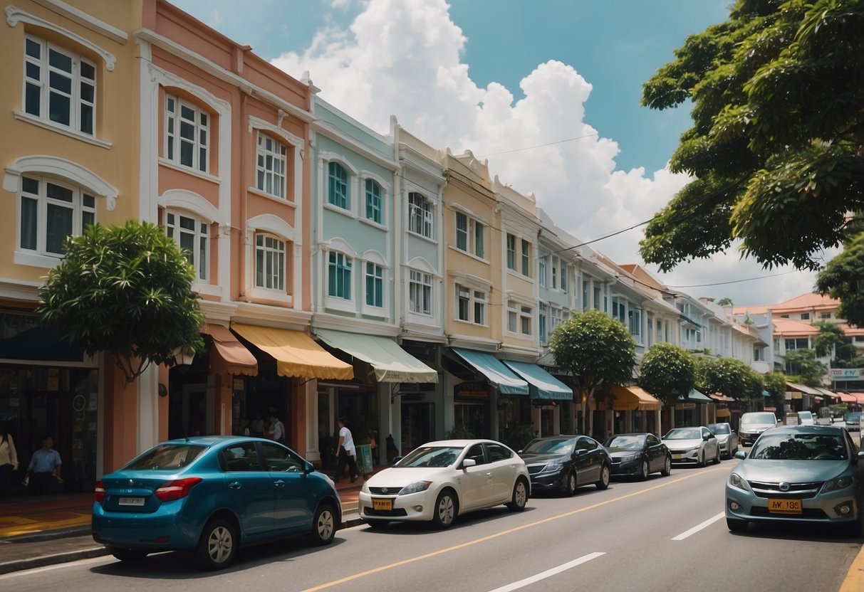 A bustling street in Singapore's Tanglin neighborhood, with colorful shophouses and lush greenery lining the road