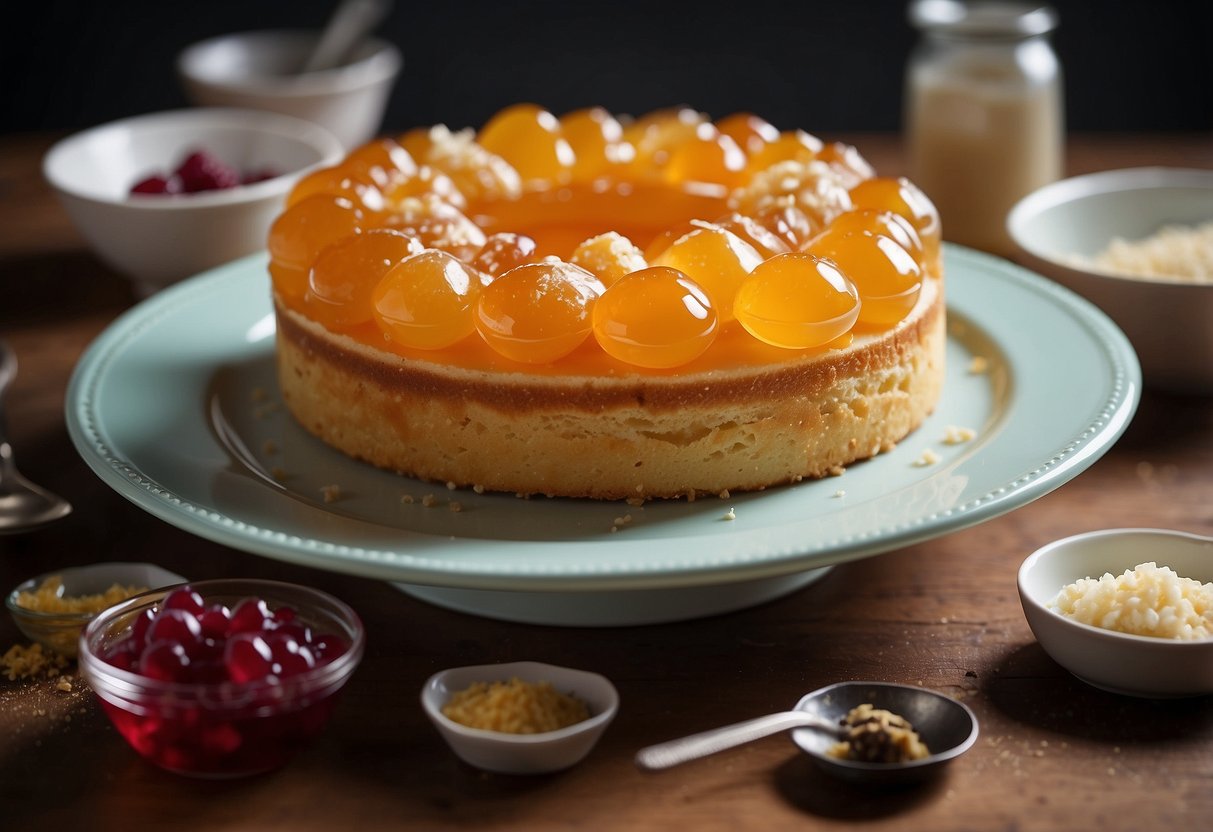 A table with ingredients and tools laid out for making jelly cake, with a recipe book open to the jelly cake recipe, and a finished jelly cake displayed on a stand