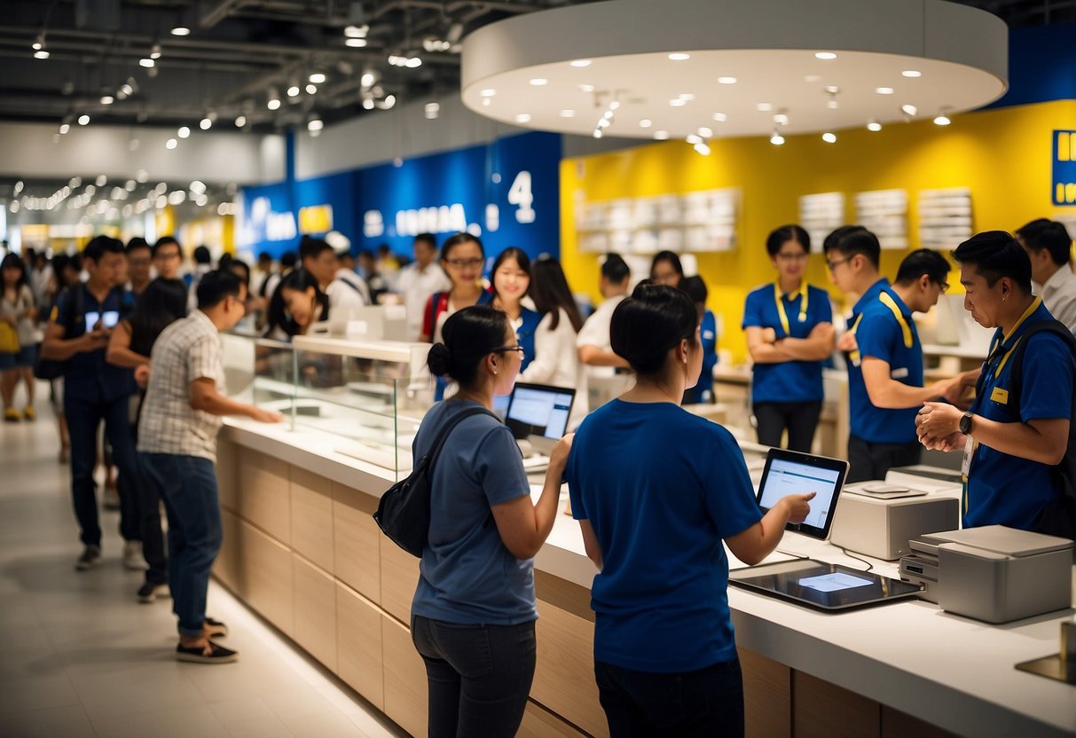 The IKEA Singapore store is bustling with customers during its opening hours, with staff assisting and guiding visitors through the various sections and displays