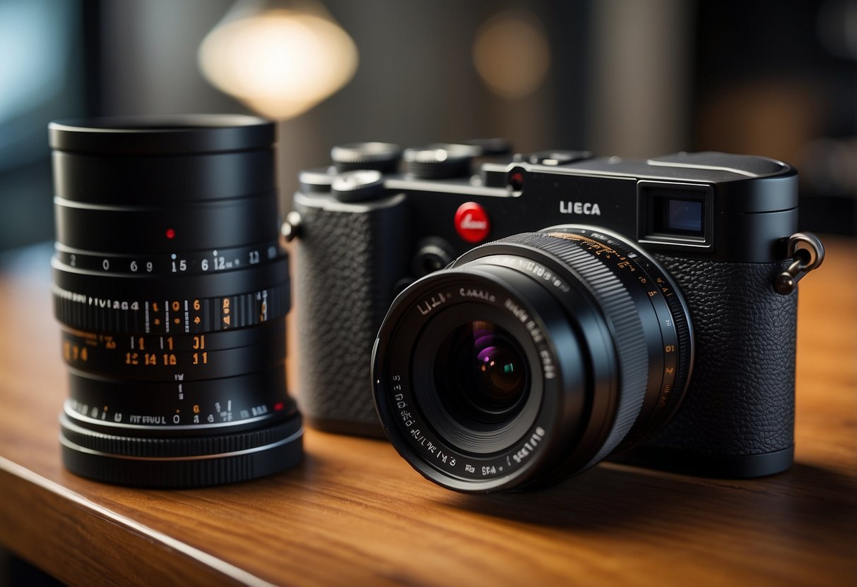 The Leica Ecosystem: camera, lenses, and accessories displayed in a sleek, modern setting with clean lines and minimalist design