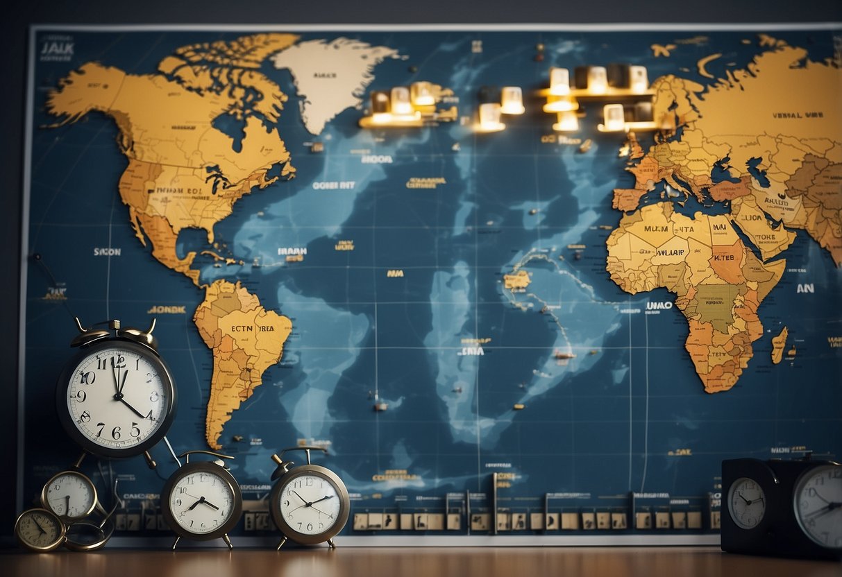 A world map with Germany and Singapore highlighted, clocks showing the time difference, and a calendar with dates and events marked