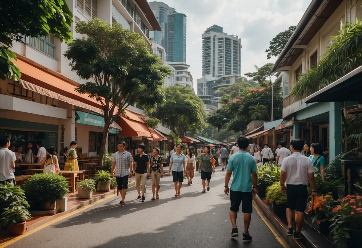 A bustling street in Singapore's Tanglin neighborhood, with colorful buildings, lush greenery, and people strolling along