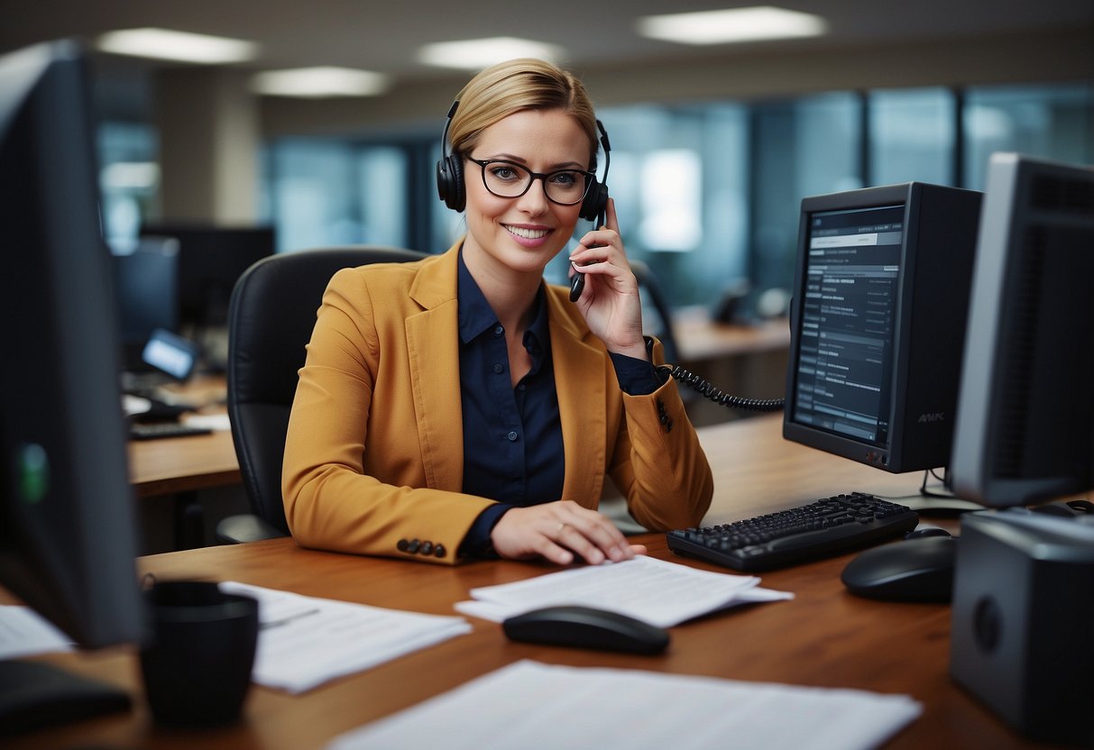 A customer service representative answering questions at a desk with a computer and phone, surrounded by a stack of FAQ documents