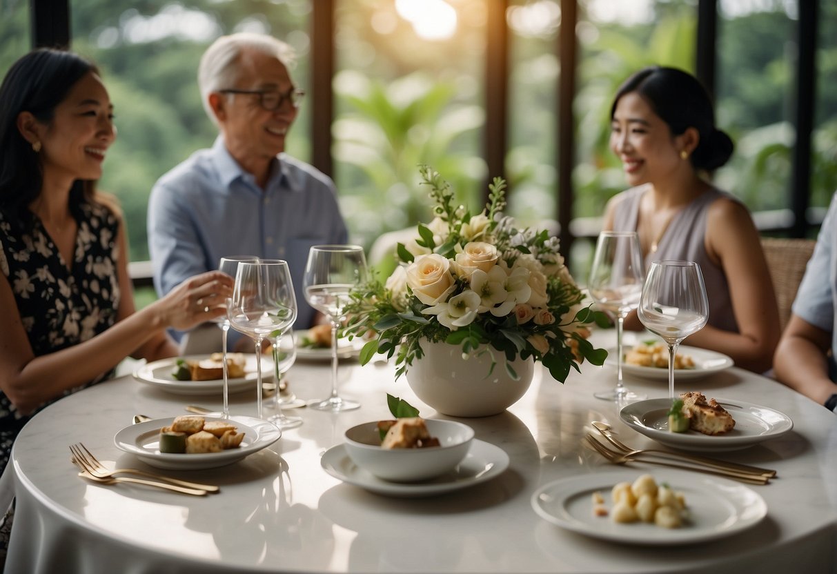 Guests enjoying a meal at a beautifully set table with elegant tableware and a view of the lush surroundings at Jen Singapore Tanglin