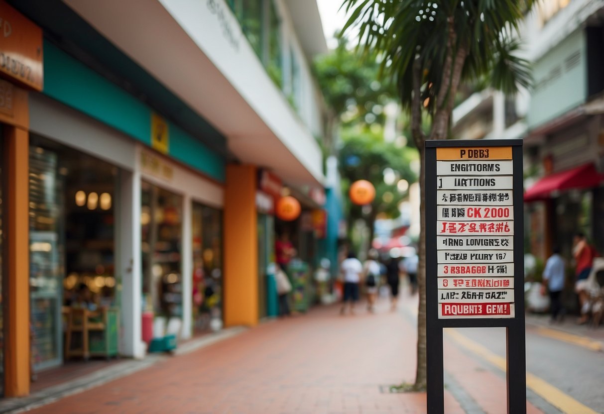 A colorful sign reading "Frequently Asked Questions" stands outside a bustling shopping area in Singapore's Tanglin neighborhood