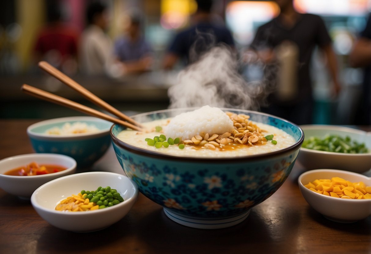 A steaming bowl of fragrant porridge sits on a table in a bustling Singaporean hawker center, surrounded by colorful condiments and chopsticks