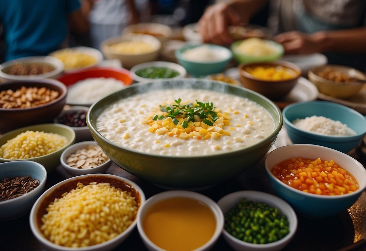 A steaming bowl of fragrant, creamy porridge surrounded by colorful toppings and condiments at a bustling hawker center in Singapore