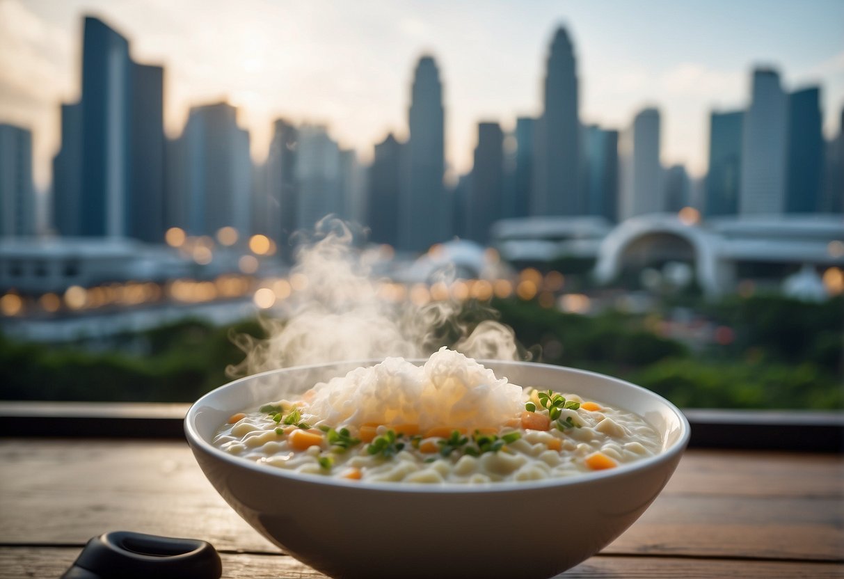 A steaming bowl of porridge surrounded by Singaporean landmarks and a "Frequently Asked Questions" sign