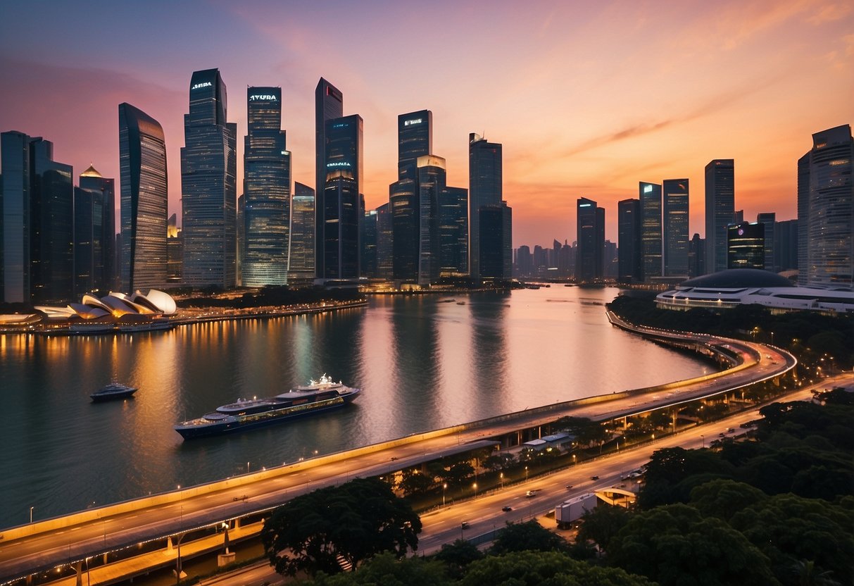 Kydra's Journey in Singapore: A vibrant city skyline with iconic buildings and a bustling harbor filled with ships and boats. The sun sets behind the skyscrapers, casting a warm glow over the city