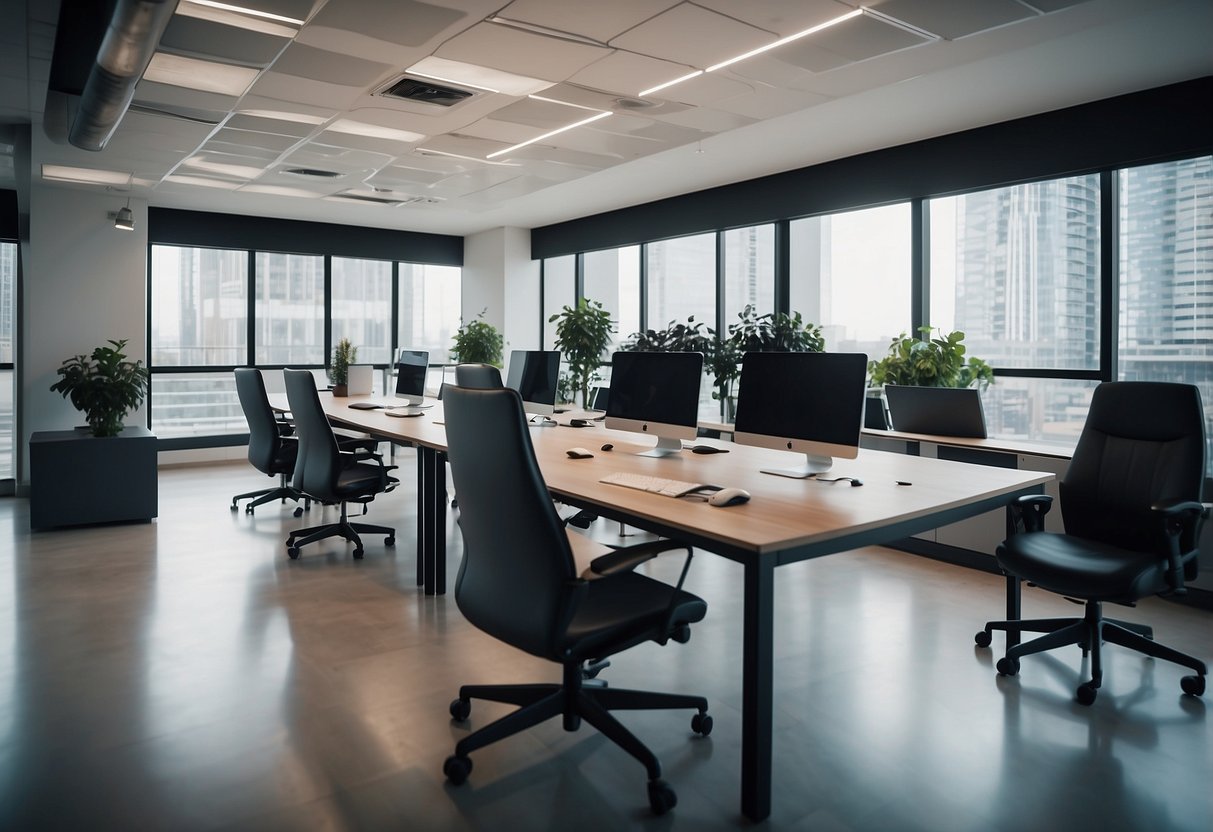 A sleek, modern office space with cutting-edge technology and innovative products on display. The atmosphere is dynamic and forward-thinking, with a focus on creativity and collaboration