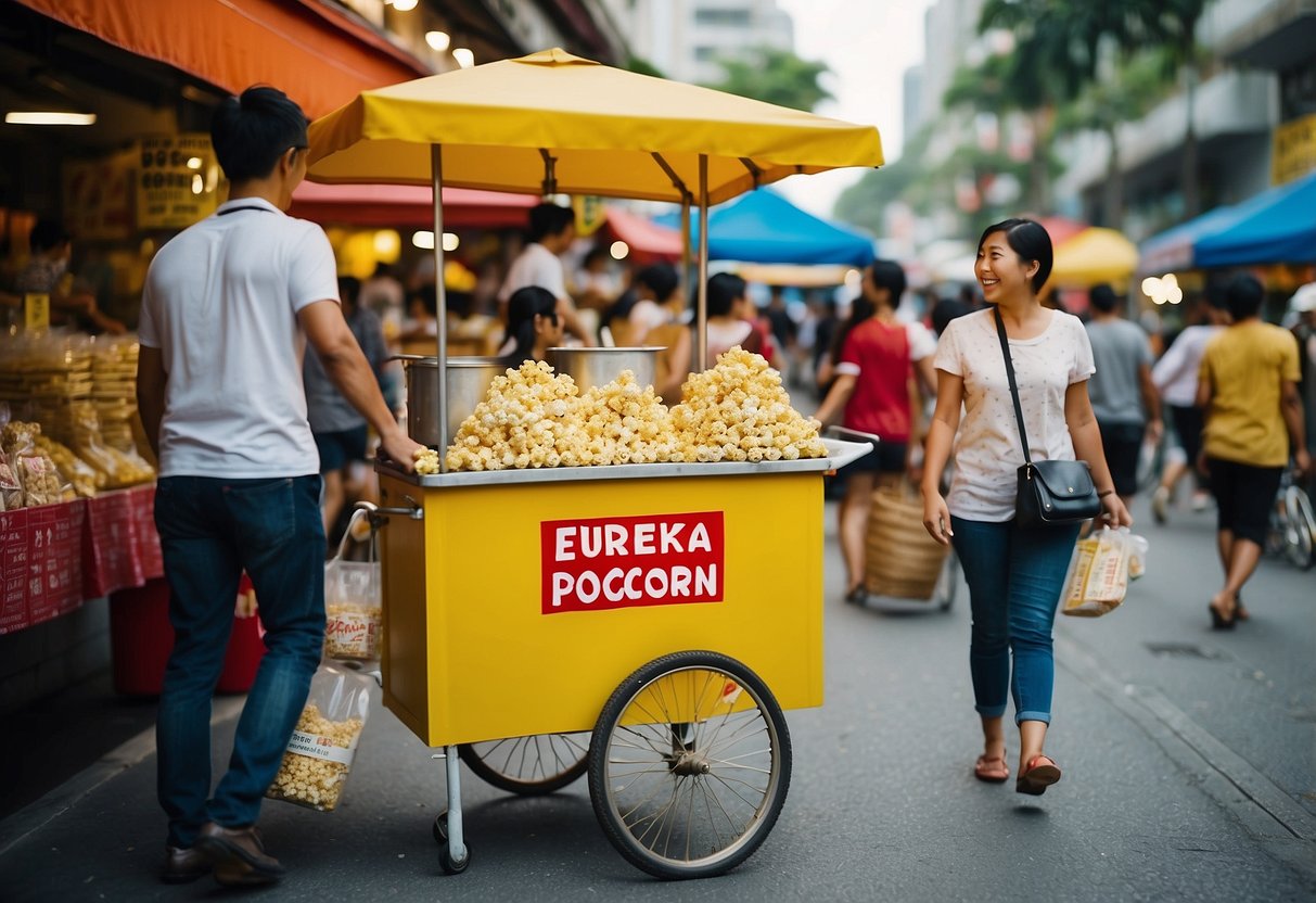 A colorful popcorn cart with a "Eureka Popcorn Singapore" sign, surrounded by happy customers in a bustling street market