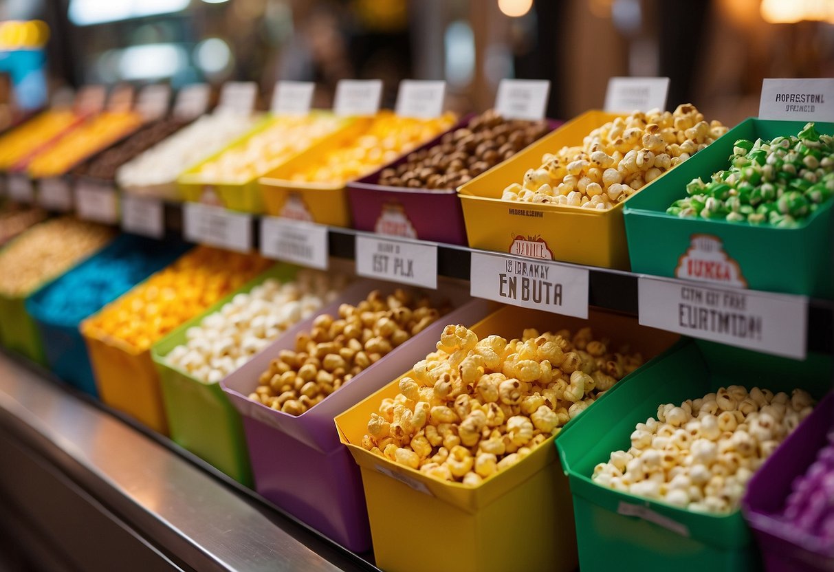 A colorful display of Eureka Popcorn flavors in a bustling Singapore market. Bright packaging and enticing aromas draw in passersby