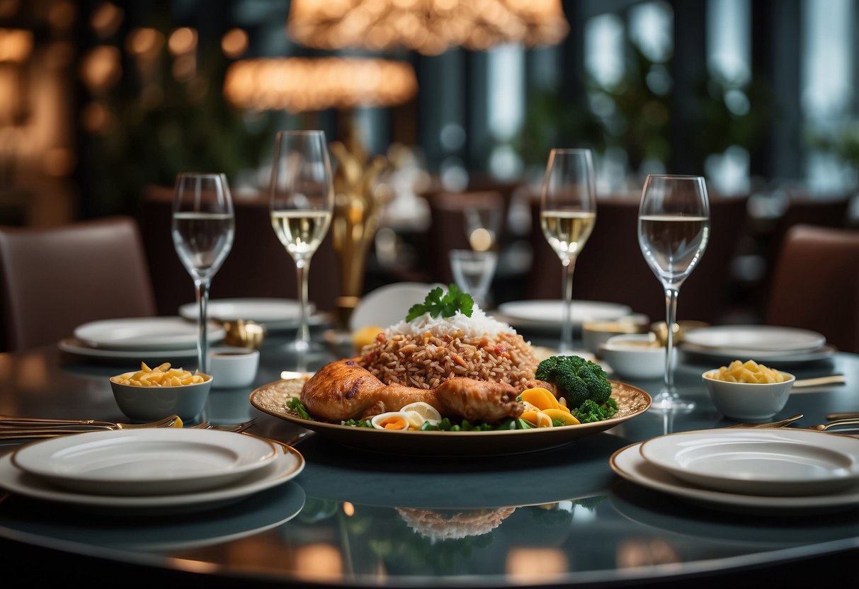 A beautifully set table with elegant halal dishes, surrounded by sophisticated decor in a luxurious Singaporean restaurant
