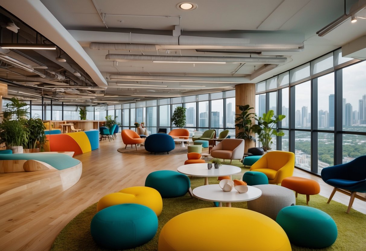 Google's Singapore office features a vibrant, modern workspace with colorful decor, open collaboration areas, and panoramic city views