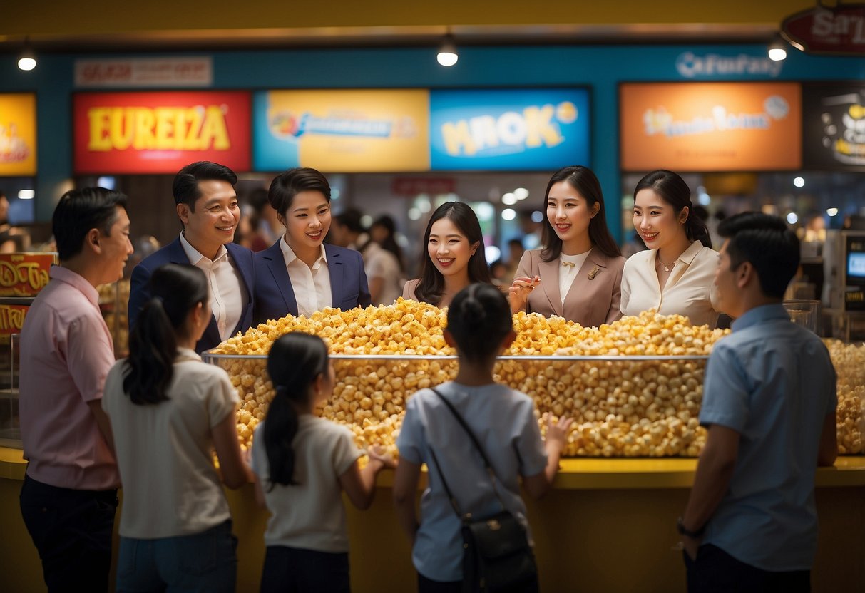 A group of people gather around a vibrant display of Eureka Popcorn in Singapore, enticed by engaging offers and promotions