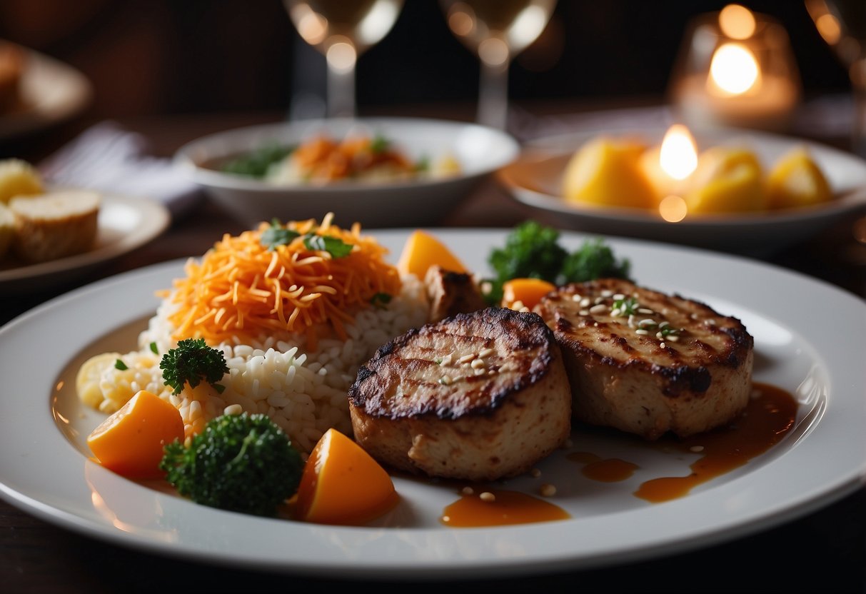 A table set with elegant halal dishes in a sophisticated restaurant, with soft lighting and luxurious decor