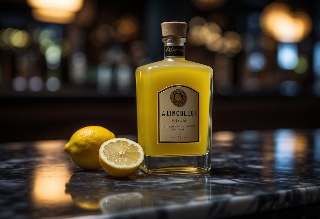 A bottle of Limoncello sits on a marble countertop in a dimly lit bar in Singapore, with a slice of lemon perched on its neck