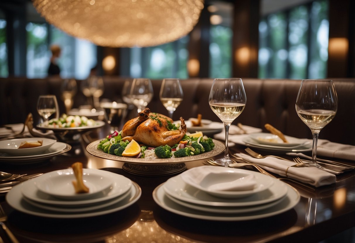A table set with exquisite halal dishes, adorned with elegant tableware, in a sophisticated fine dining restaurant in Singapore