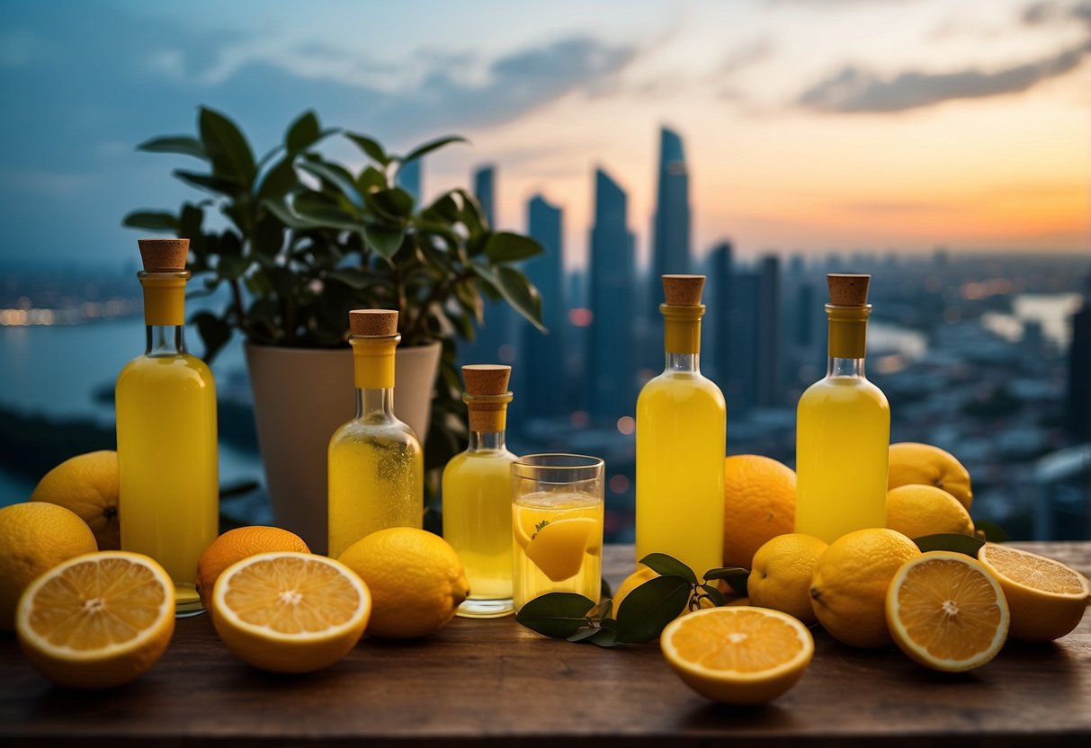 A table adorned with vibrant yellow Limoncello bottles and citrus fruits, set against a backdrop of the Singapore skyline at dusk