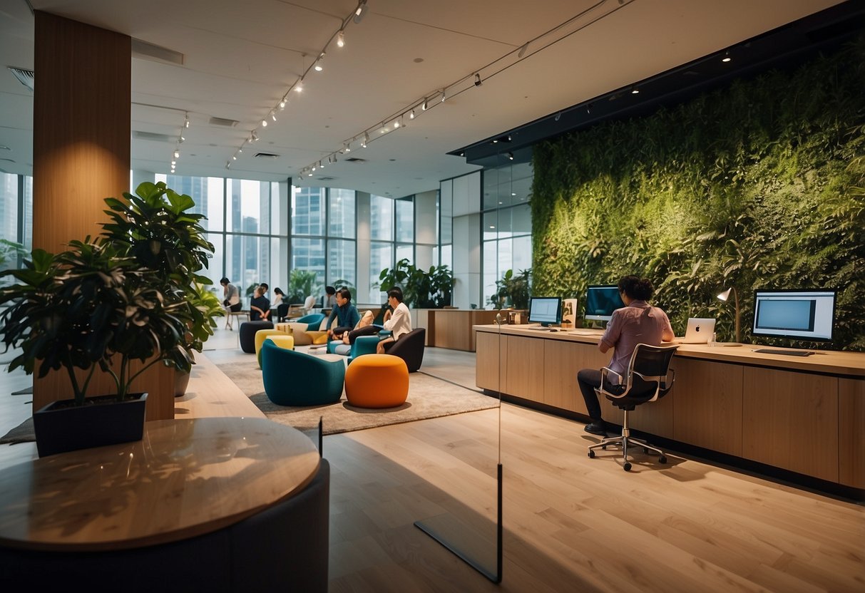 The Google office in Singapore is buzzing with activity as employees and visitors engage in discussions and seek information at the Frequently Asked Questions desk