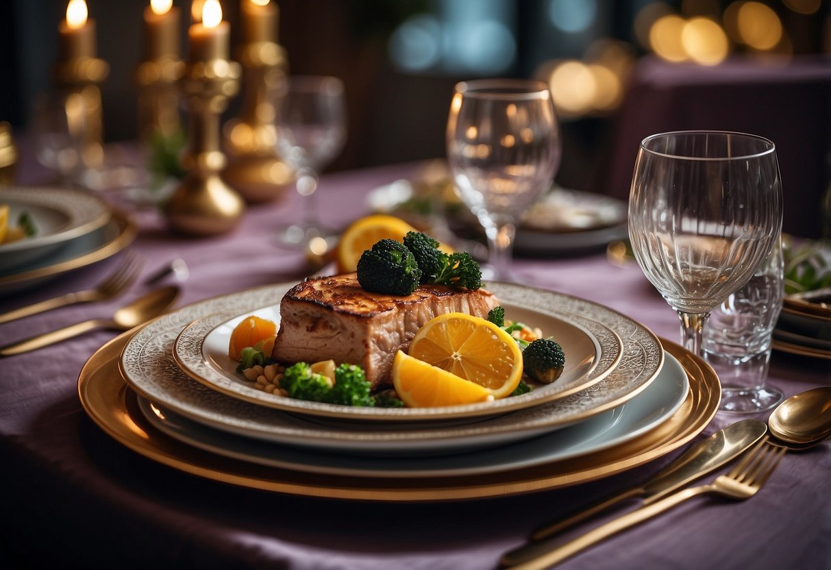 A luxurious dining table set with halal dishes and elegant cutlery, surrounded by a sophisticated ambiance with soft lighting and stylish decor