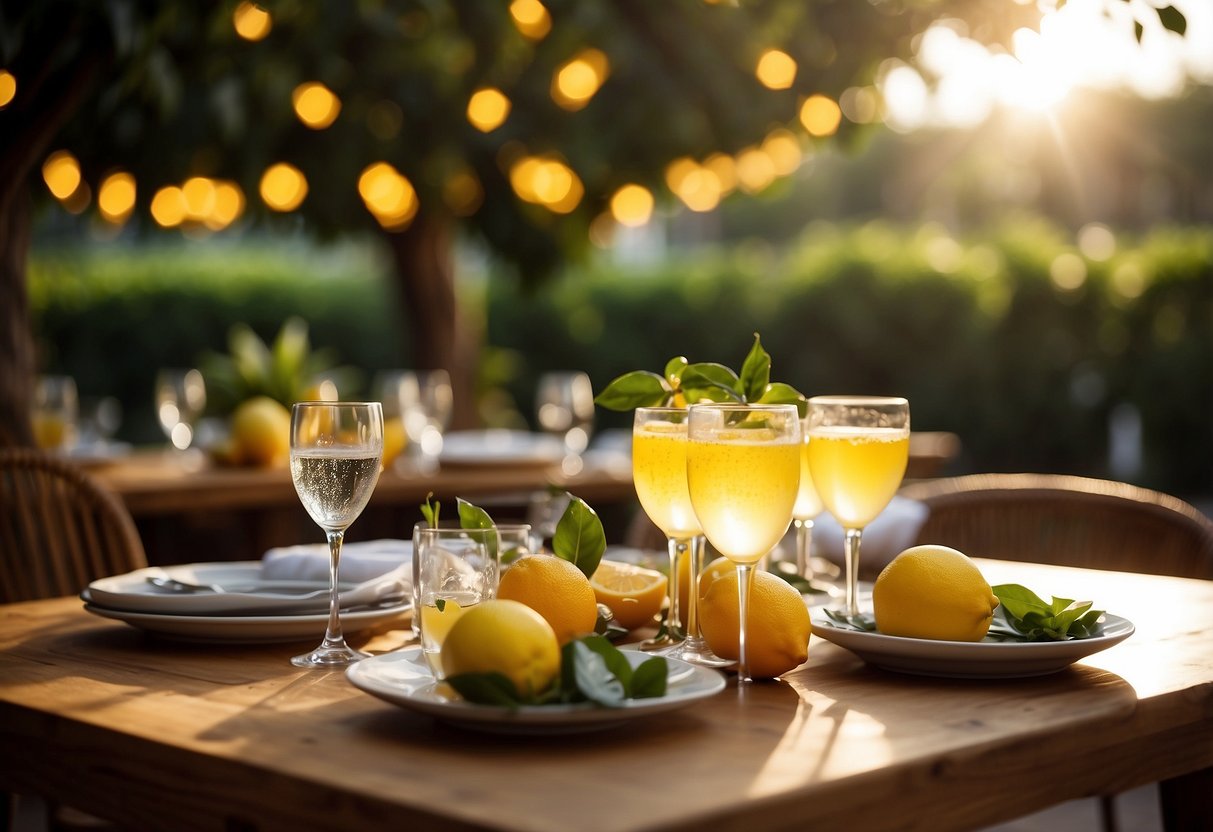 A table set with Limoncello Dining Experiences' signature dishes and drinks, surrounded by vibrant citrus trees and twinkling fairy lights