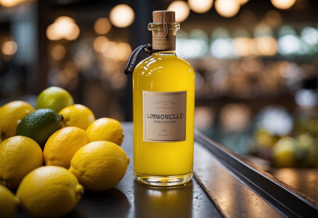 A bottle of limoncello with a label reading "Frequently Asked Questions" in a vibrant and bustling market in Singapore