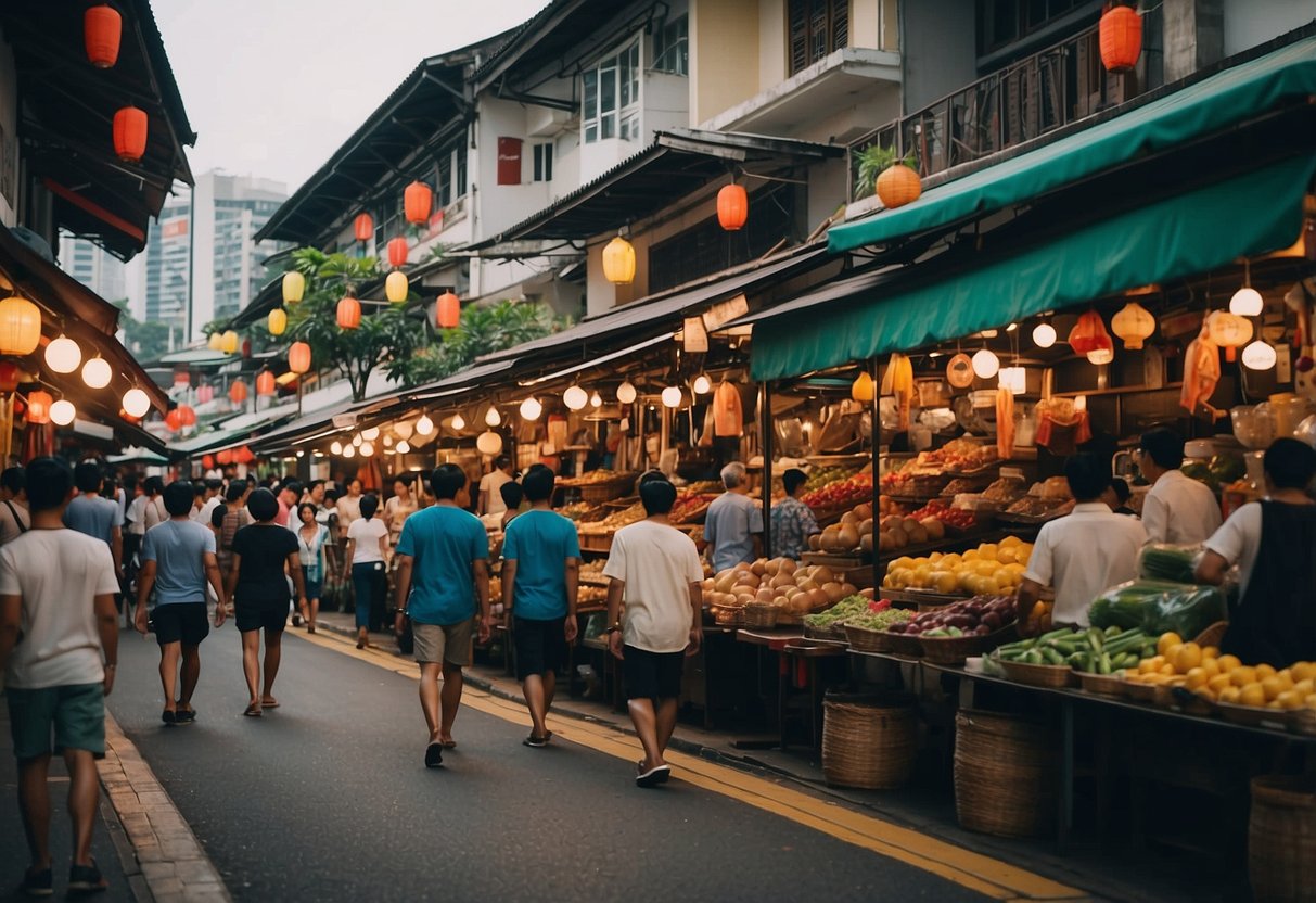 A bustling street in Singapore with colorful shophouses and vibrant market stalls. The air is filled with the aroma of local street food and the sound of chatter and activity