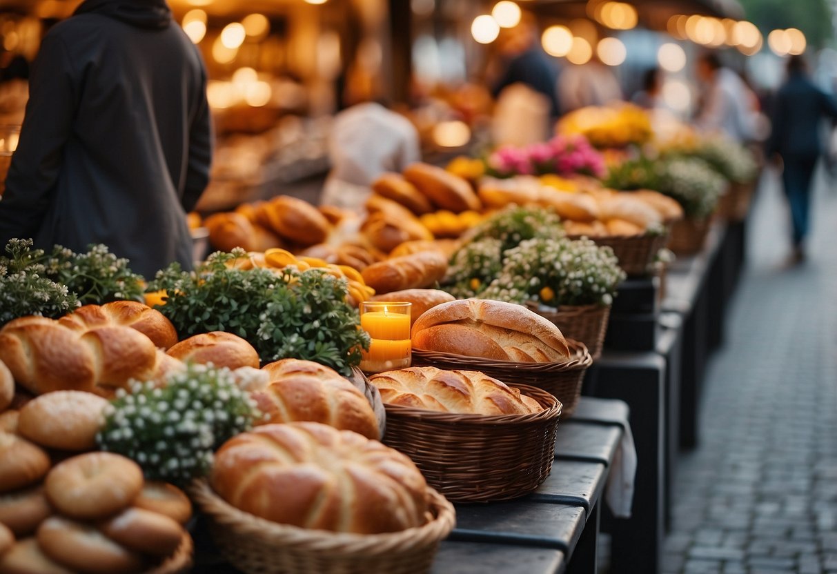 A bustling marketplace with colorful food stalls, filled with the aroma of freshly baked bread and sizzling grills. Tables adorned with fresh flowers and flickering candles, creating a warm and inviting atmosphere