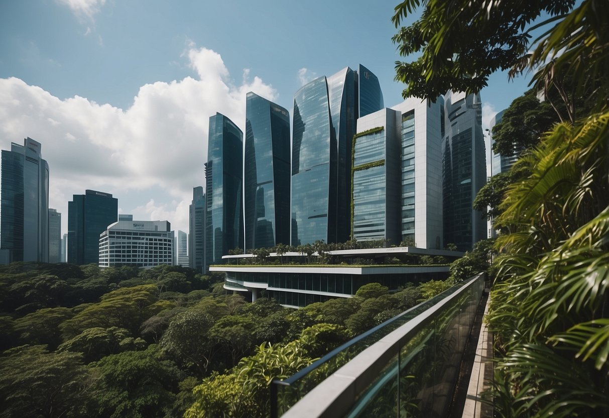 A modern office building in the heart of Singapore, surrounded by lush greenery and bustling city streets. The building stands tall with sleek glass windows reflecting the vibrant cityscape