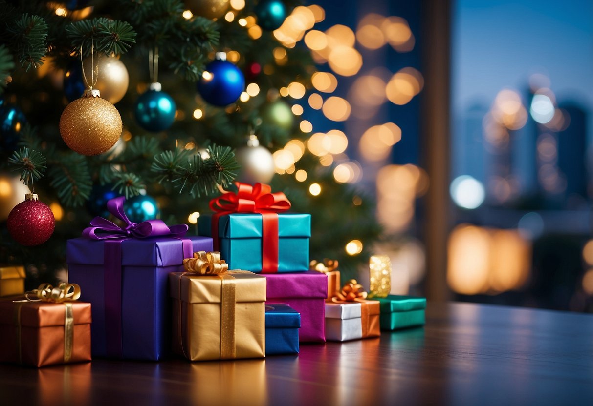 Colorful presents arranged around a Christmas tree with twinkling lights and ornaments, set against the backdrop of the Singapore skyline