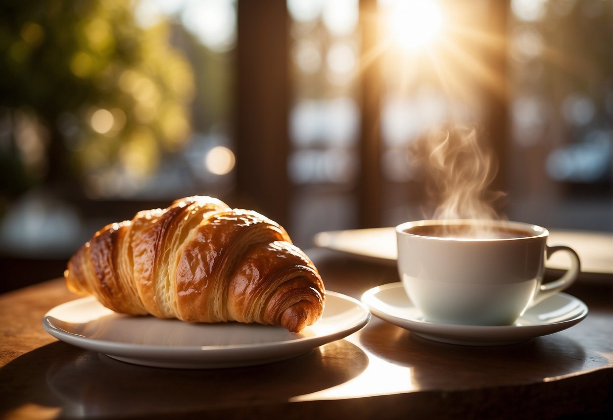 A freshly baked croissant sits on a white plate with a side of butter, next to a steaming cup of coffee. The morning sunlight streams through the window, casting a warm glow on the scene