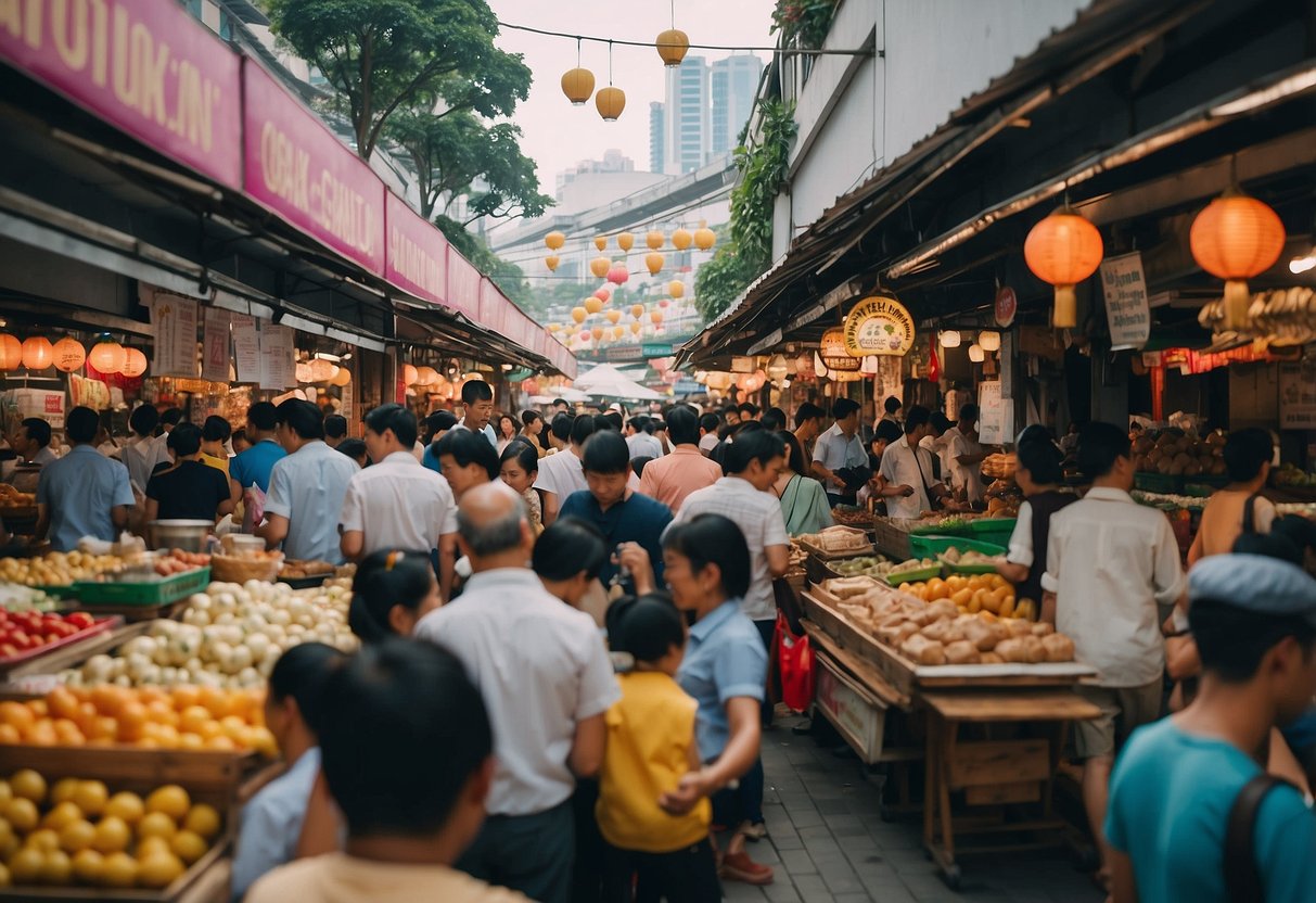 A bustling marketplace in Singapore, with colorful stalls and vibrant signs advertising various services and offers