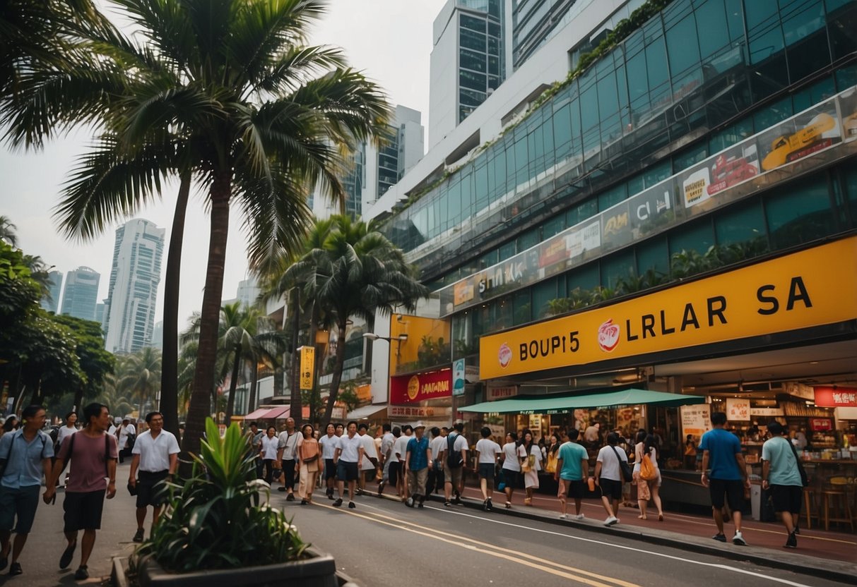 A bustling street in Singapore, with colorful Dickies storefront and people walking by. Palm trees and vibrant signage complete the urban scene