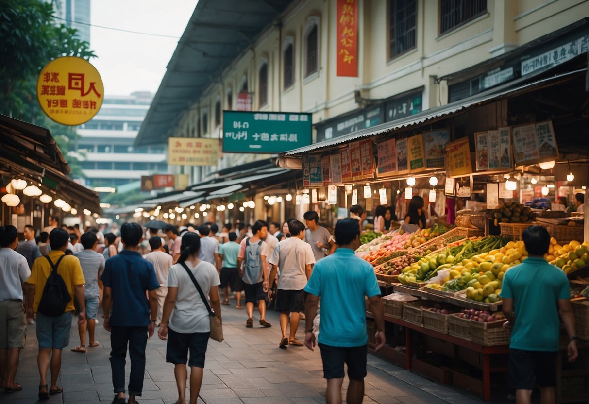 A bustling market in Singapore, with colorful stalls and people browsing. Signs read "Frequently Asked Questions" in multiple languages