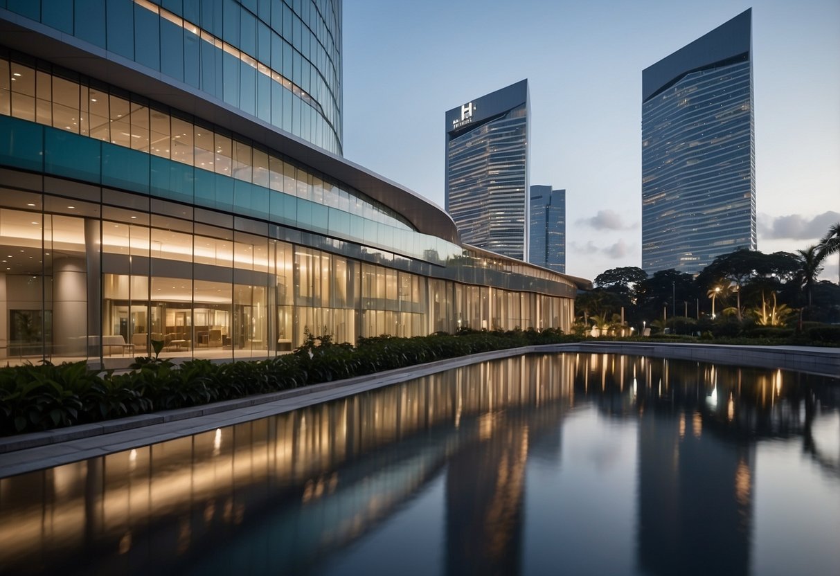 The IHh Healthcare Singapore building stands tall with a modern design, glass windows reflecting the surrounding cityscape, and a prominent logo displayed at the entrance