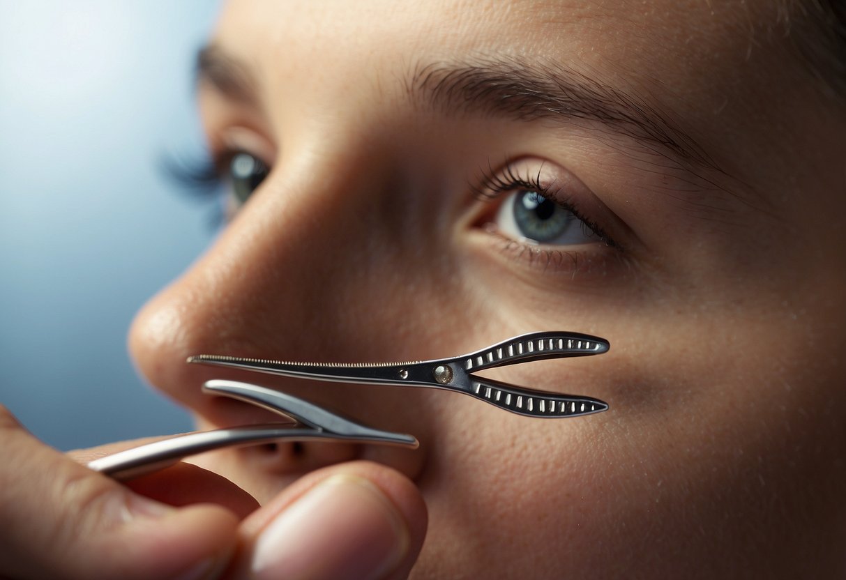 A pair of tweezers delicately extracts a small, waxy buildup from the ear canal, while a tiny brush gently sweeps away any remaining debris