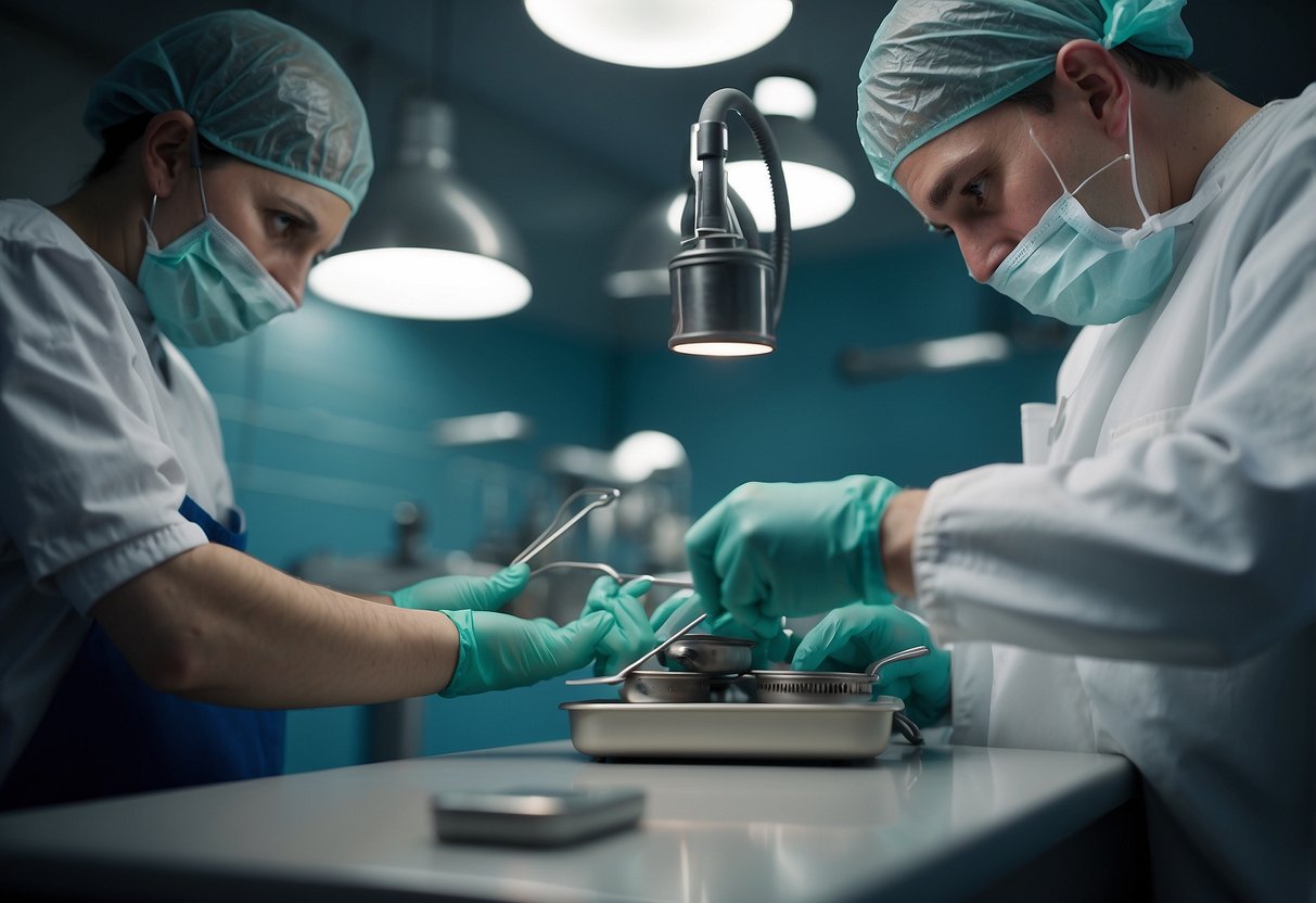 A person wearing gloves carefully cleans a pair of dirty ears with specialized tools in a sterile clinic setting