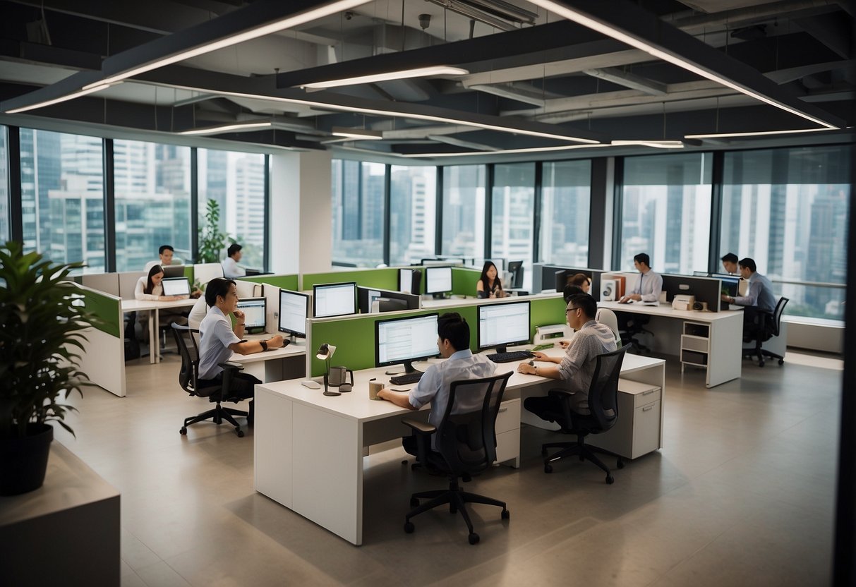 A bustling office with diverse employees collaborating in modern workspaces, surrounded by innovative technology and vibrant company culture at CBRE Singapore