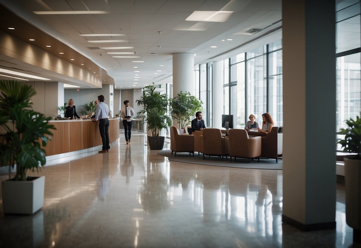 A bustling office lobby with a prominent "Frequently Asked Questions" sign, people interacting with receptionists, and a sense of professionalism and efficiency