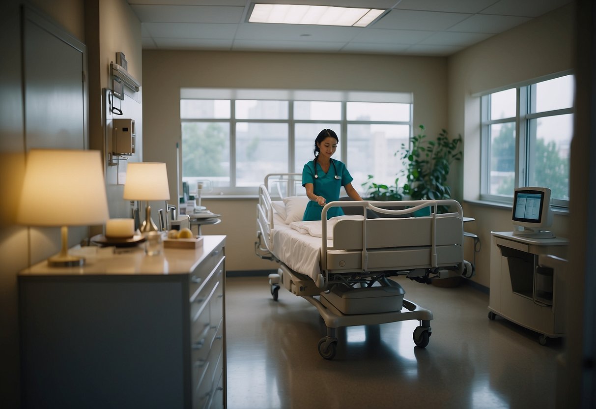A serene hospital room with modern medical equipment and a caring nurse tending to a patient, surrounded by a warm and welcoming atmosphere