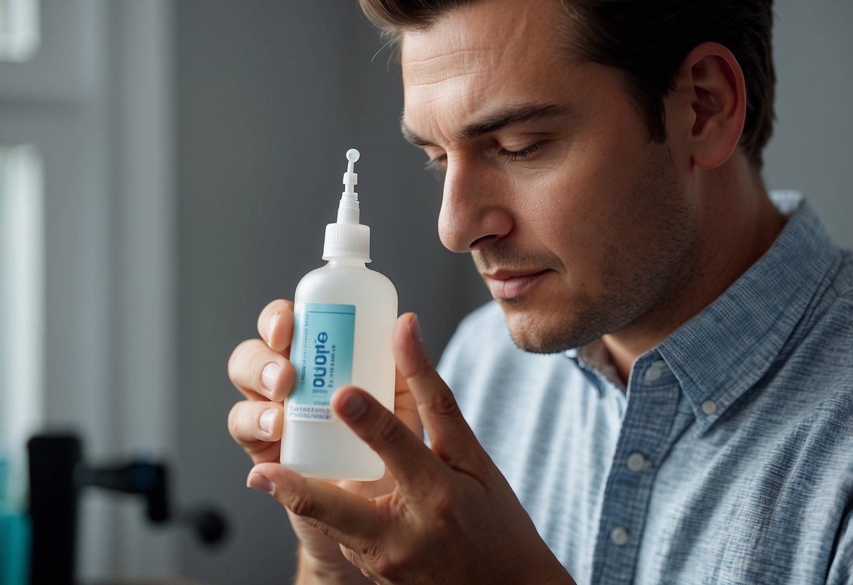 A person applying ear drops to a cotton swab, with a bottle of ear cleaning solution and a box of cotton swabs nearby